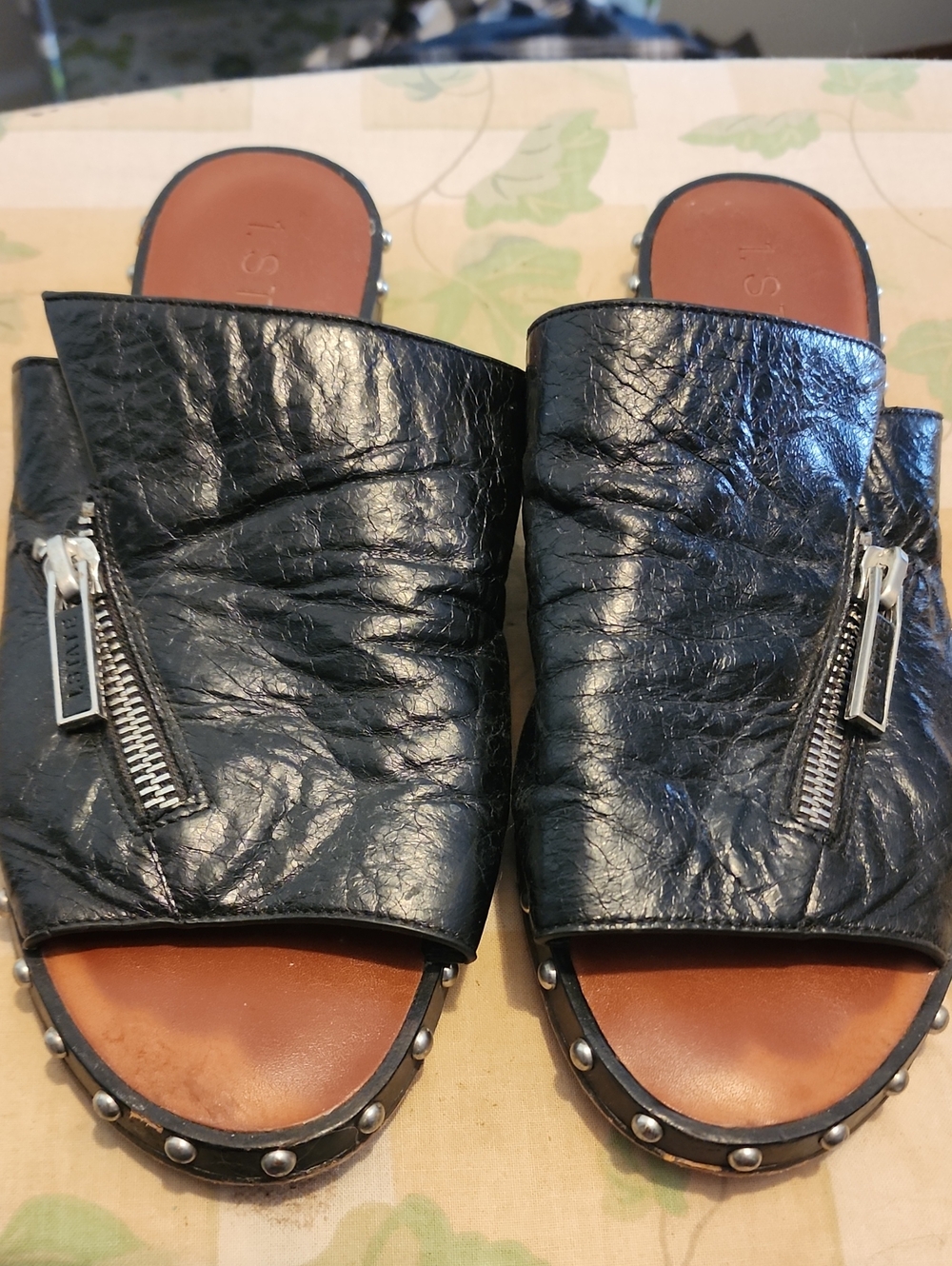 1. State Black Leather Slide Mules with Silver Zippers & Stud Stud Trim